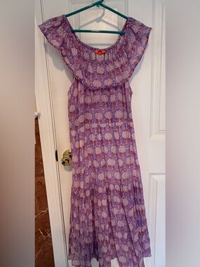 Oliphant Purple Blockprint Midi Dress with Ruffle Neckline